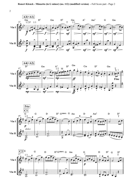 Minuetto In G Minor No 112 A Violin Duo From Klencks Violin Method 1892 Notebook No 1 Arrangement With Modifications For Violin Duo Including Violin 1 Page 2