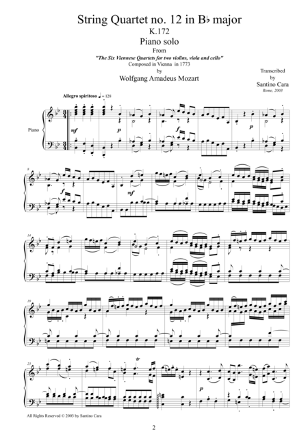 Mozart Complete String Quartet No 12 In B Flat Major K172 For Piano Solo Page 2