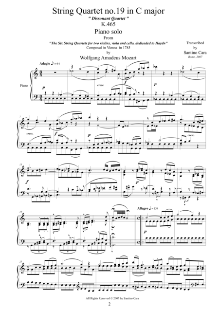 Mozart Complete String Quartet No 19 In C Major K465 For Piano Solo Page 2