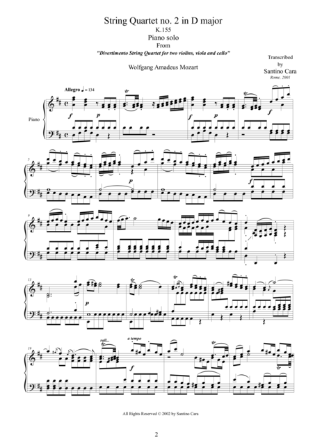 Mozart Complete String Quartet No 2 In D Major K155 For Piano Solo Page 2