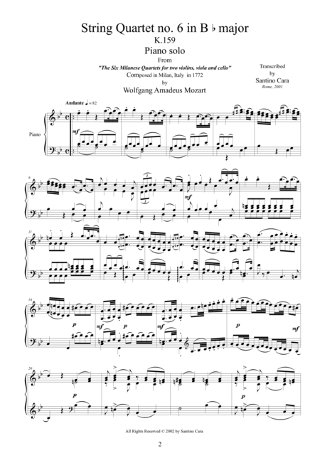 Mozart Complete String Quartet No 6 In B Flat K159 For Piano Solo Page 2