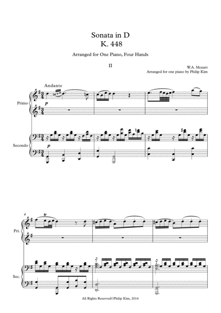 Mozart Sonata In D K 448 For 2 Pianos 2nd Movement Arranged For 1 Piano 4 Hands By Philip Kim Page 2