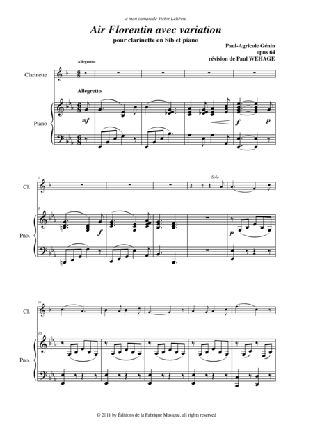 Paul Agricole Gnin Air Florentin Avec Variation Opus 65 For Bb Clarinet And Piano Page 2