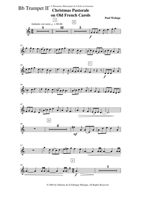 Paul Wehage Christmas Pastorale On Old French Carols For Concert Band 2nd Bb Trumpet Or Cornet Part Page 2