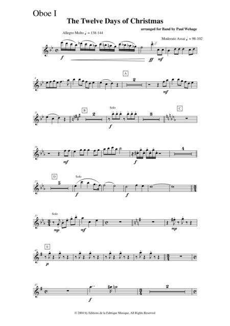 Paul Wehage The Twelve Days Of Christmas Arranged For Concert Band Oboe 1 Part Page 2