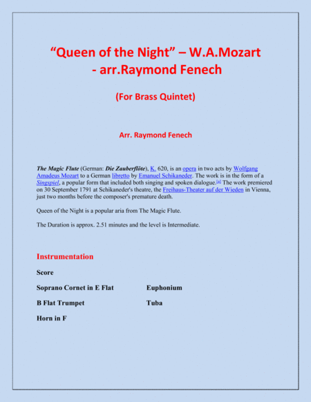 Queen Of The Night From The Magic Flute Brass Quintet Soprano E Flat Cornet B Flat Trumpet Horn In F Euphonium And Tuba Page 2