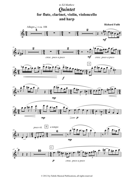 Richard Faith Quintet For Flute Clarinet Violin Violonello And Harp Complete Parts Only Page 2