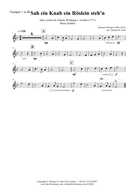 Sah Ein Knab Ein Roeslein Stehn German Folk Song Brass Quintet Page 2