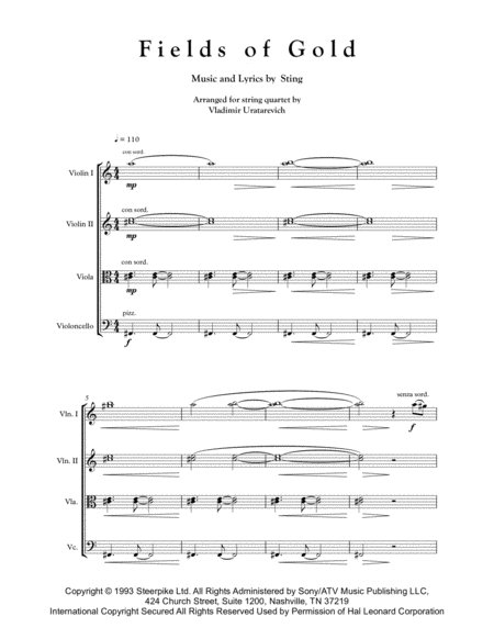 Sting Fields Of Gold For String Quartet Page 2