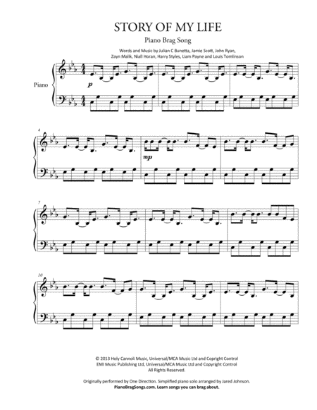 Story Of My Life Simplified And Easy Key Piano Solos One Direction Page 2