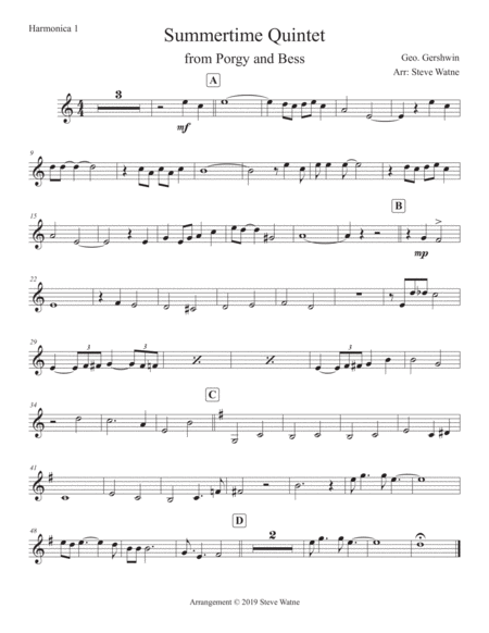 Summertime By George Gershwin Arranged For 4 C Chromatic Harmonicas And Bass Harmonica Page 2