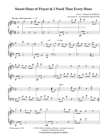 Sweet Hour Of Prayer I Need Thee Every Hour Piano Arrangement By Kathleen Holyoak Page 2