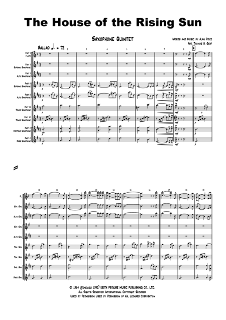 The House Of The Rising Sun The Animals 1964 Saxophone Quintet Page 2