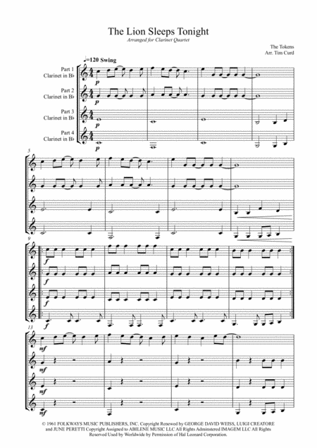 The Lion Sleeps Tonight For Clarinet Quartet Page 2