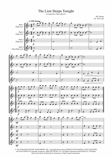 The Lion Sleeps Tonight For Flute Quartet Page 2