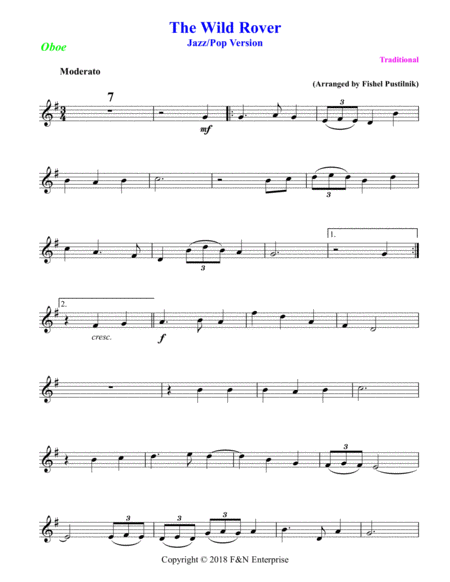 The Wild Rover For Oboe With Background Track Jazz Pop Version With Improvisation Page 2