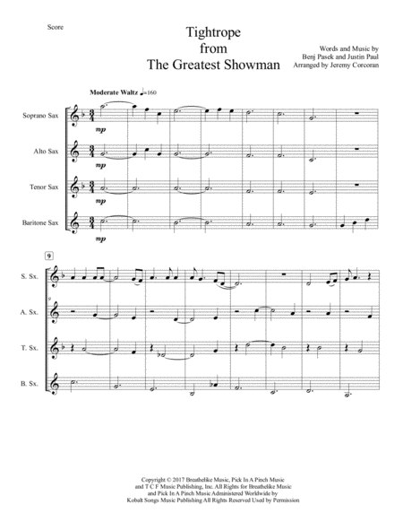 Tightrope From The Greatest Showman For Saxophone Quartet Satb Or Aatb Page 2