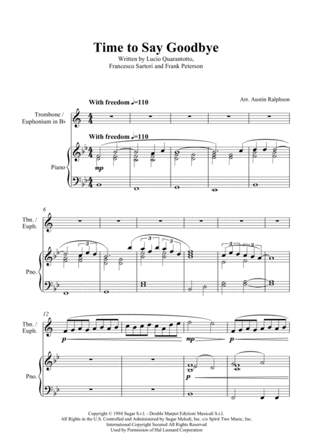 Time To Say Goodbye Con Te Partir Trombone Euphonium And Piano Treble And Bass Clefs Page 2