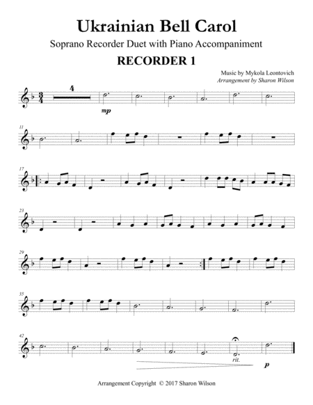 Ukrainian Bell Carol Soprano Recorder Duet With Piano Accompaniment Page 2