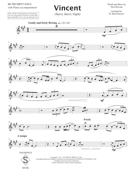 Vincent Starry Starry Night Bb Trumpet Solo With Piano Page 2