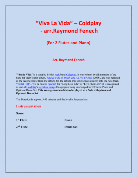 Viva La Vida Coldplay 2 Flutes And Piano With Optional Drum Set Page 2