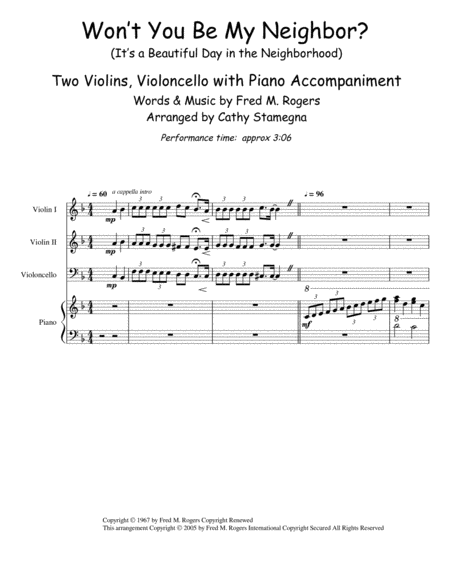 Wont You Be My Neighbor Its A Beautiful Day In The Neighborhood Two Violins Violoncello Chords Piano Accompaniment Page 2