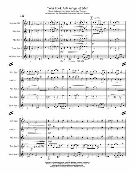 You Took Advantage Of Me For Saxophone Quartet Satb Or Aatb Page 2