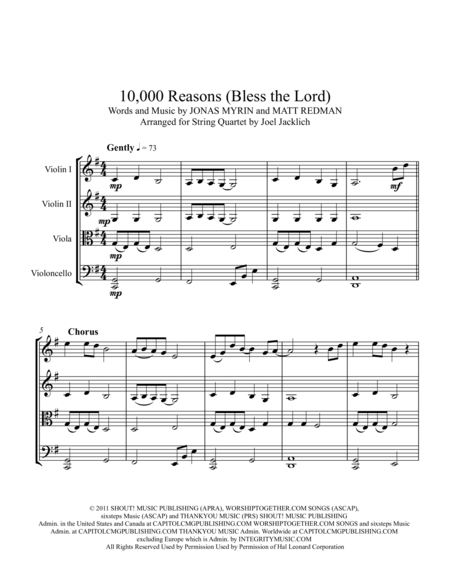 10 000 Reasons Bless The Lord For String Quartet Sheet Music