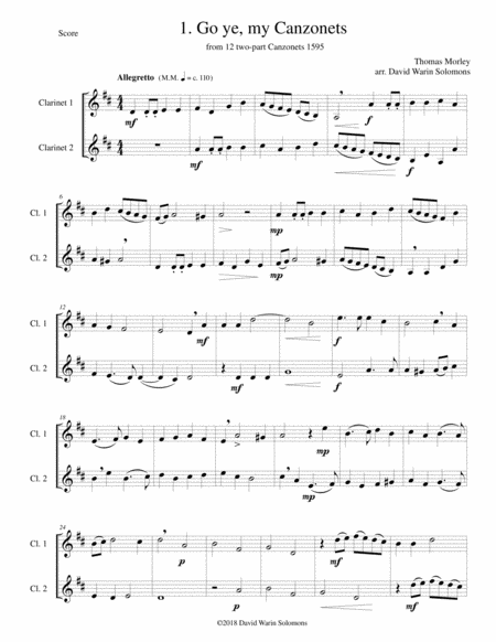 12 Easy Canzonets For Clarinet Duo Sheet Music