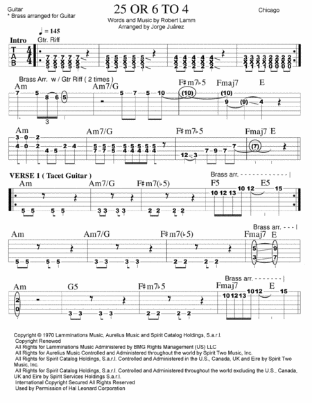 Free Sheet Music 25 Or 6 To 4 Guitar Tab Brass Arrangement