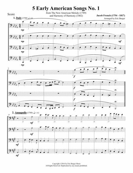 Free Sheet Music 5 Early American Songs No 1 For Trombone Or Low Brass Quartet