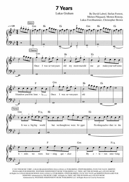 7 Years Lukas Graham Piano Sheet Music