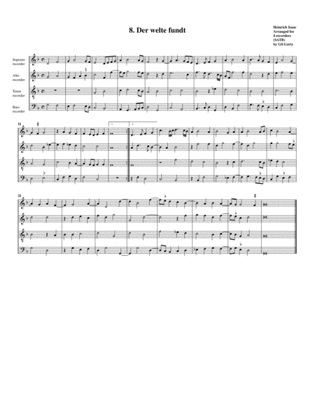 8 Der Welte Fundt Arrangement For 4 Recorders Sheet Music