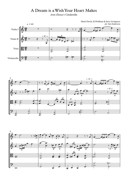 A Dream Is A Wish Your Heart Makes From Disneys Cinderella String Quartet Sheet Music