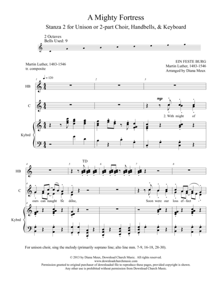 A Mighty Fortress Hymn Stanza 2 Unison Or 2 Part Choir Handbells And Keyboard Sheet Music