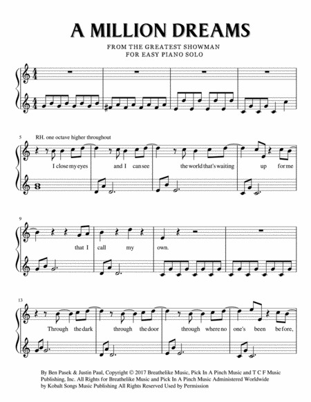 A Million Dreams For Easy Piano Solo Level 2 3 Sheet Music