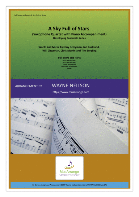 A Sky Full Of Stars For Saxophone Quartet With Piano Accompaniment Sheet Music