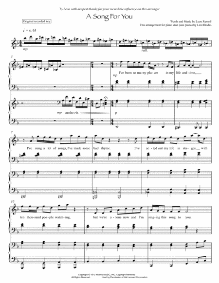 A Song For You Leon Russell For Piano Duet Sheet Music