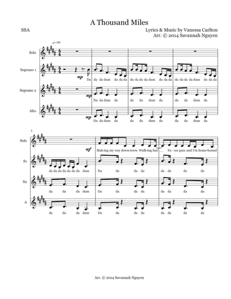 Free Sheet Music A Thousand Miles Ssa A Cappella