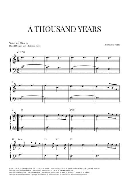 Free Sheet Music A Thousand Years Easy Beginner Piano C Major