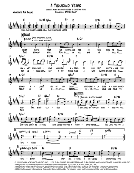 A Thousand Years Lead Sheet Melody Lyrics Chords In Key Of B Sheet Music