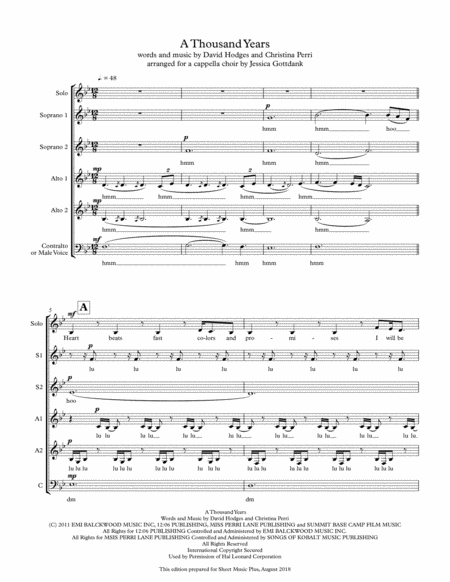 A Thousand Years Short Version For Unaccompanied Choir Ssaaa Sheet Music