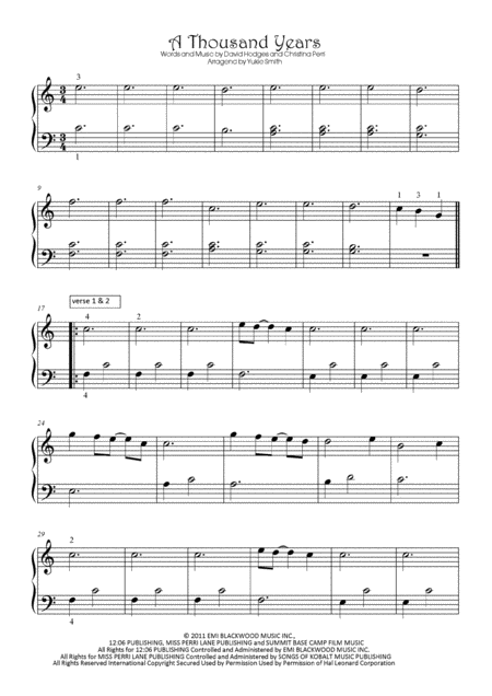 Free Sheet Music A Thousand Years Simple Version In C