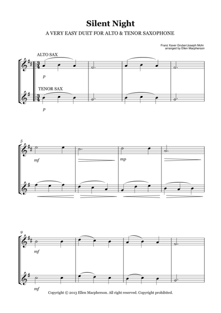 A Very Easy Duet For Alto Tenor Saxophone Silent Night Sheet Music