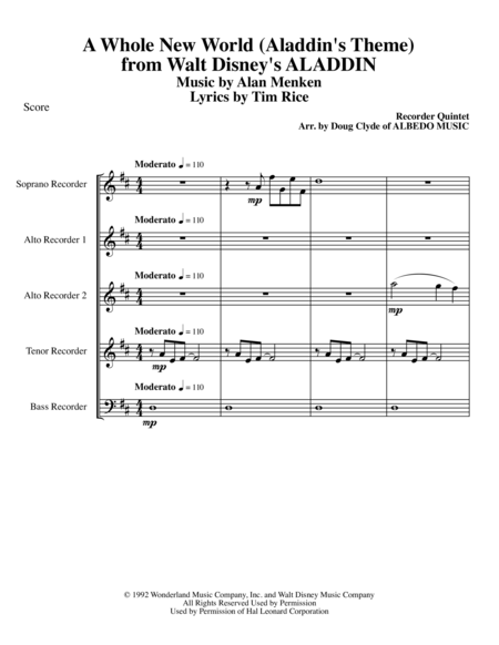 A Whole New World Aladdins Theme From Walt Disneys Aladdin For Recorder Quintet Sheet Music