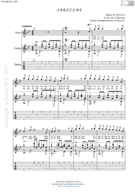 Free Sheet Music Abrazame Sheet Music For Vocals And Guitar