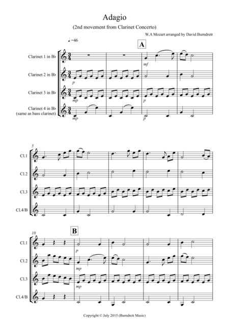 Free Sheet Music Adagio From Mozarts Clarinet Concerto For Clarinet Quartet