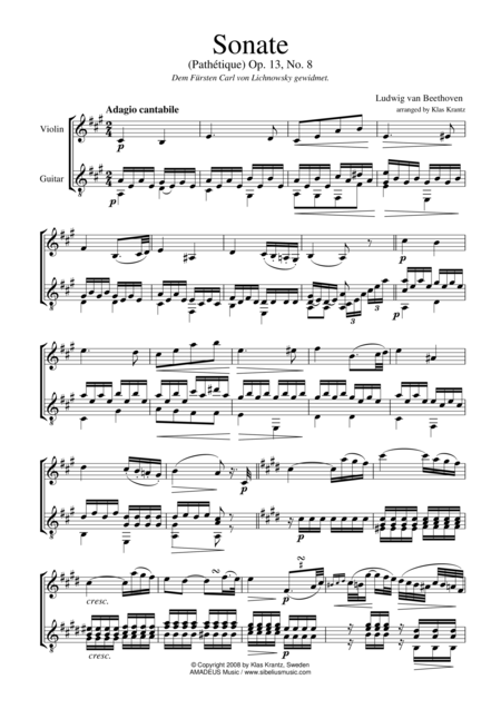 Free Sheet Music Adagio From Pathetique For Violin And Guitar