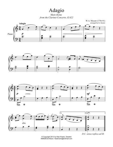 Free Sheet Music Adagio From The Clarinet Concerto Theme For Easy Piano Solo