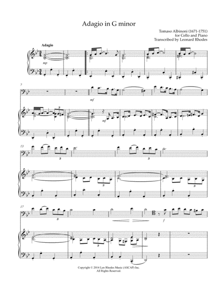 Adagio In G Minor Tomaso Albinoni Transcribed For Cello And Piano Sheet Music